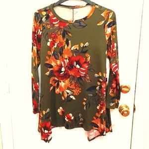JODIFL 🍁 Blouse |  Green, Gold, Burgundy Floral Print Sz Small